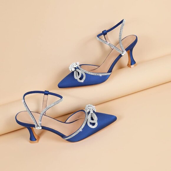 Women's Rhinstone Dark Blue Adjustable Strap Bow Closed Toe Pumps Heeled Shoes - Picture 9 of 9